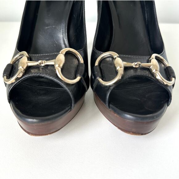 Gucci Classic Horsebit Black Leather Peep Toe Platform Heel Pumps Size 7 B - Picture 7 of 14